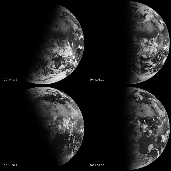 The Spinning Enhanced Visible and Infrared Imager (SEVIRI) on EUMETSAT's Meteosat-9 captured these four views of the day-night terminator on December 21, 2010, and March 20, June 21, and September 20, 2011. Each image was taken at 6:12 a.m. local time.
On March 20 and September 20, the terminator is a straight north-south line, and the Sun is said to sit directly above the equator. On December 21, the Sun resides directly over the Tropic of Capricorn when viewed from the ground, and sunlight spreads over more of the Southern Hemisphere. On June 21, the Sun sits above the Tropic of Cancer, spreading more sunlight in the north and turning the tables on the south. The bulge of our spherical Earth blocks sunlight from the far hemisphere at the solstices; that same curvature allows the Sun’s rays to spread over more area near the top and bottom of the globe.