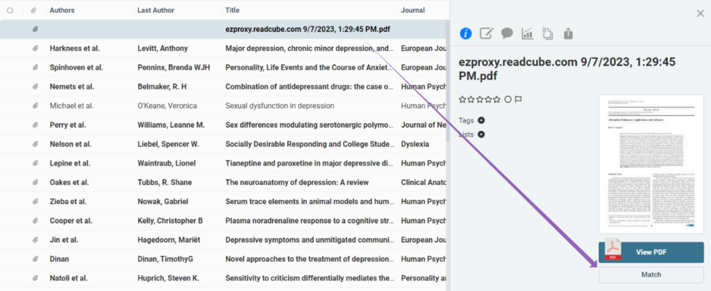 Image of the Match option for manual matching
