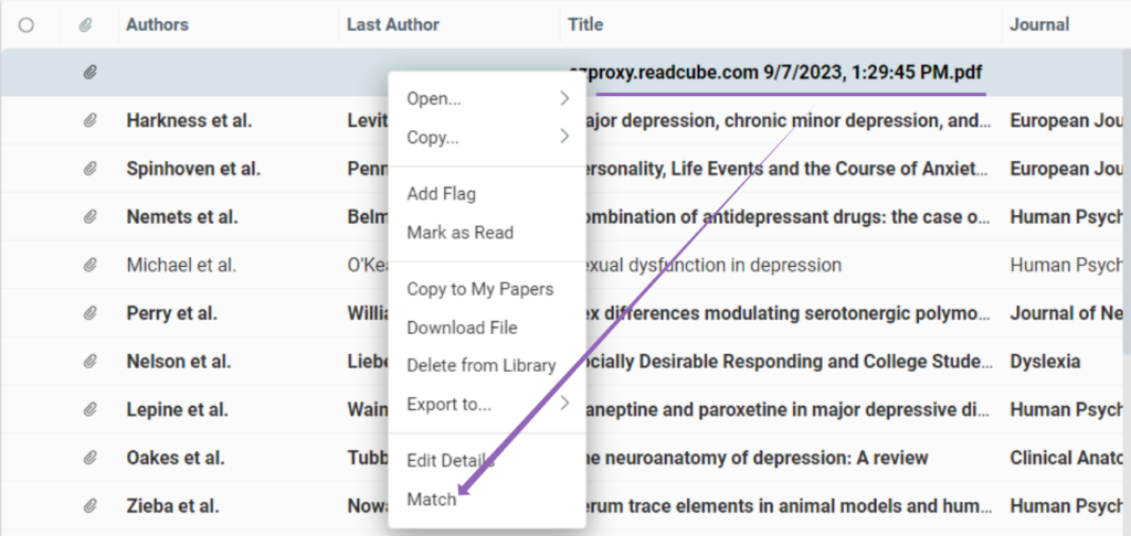 Image of Match option for manual matching on right-click