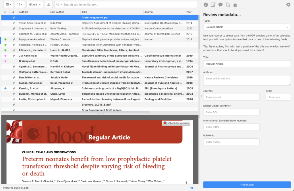 Image of metadata review and manual input for matching in desktop application