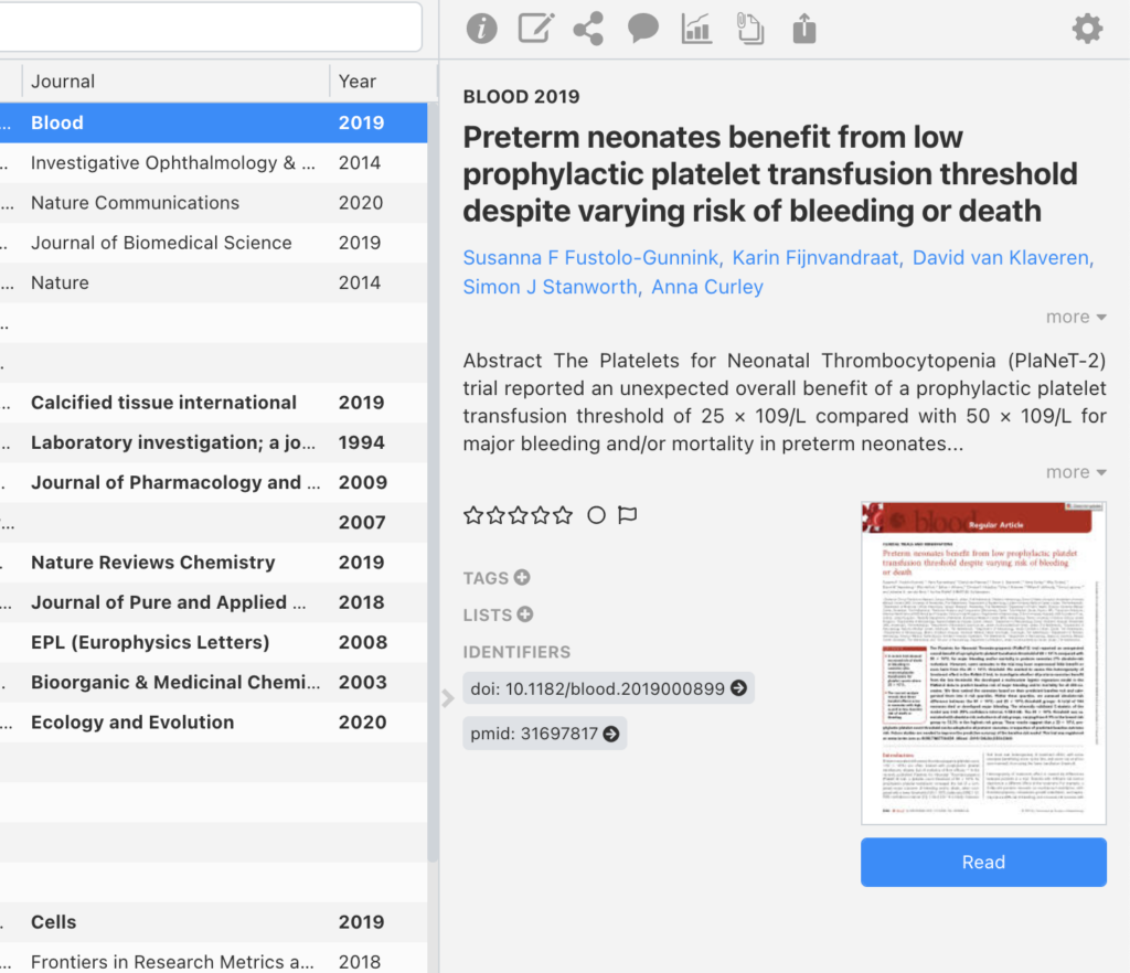 Image showing a matched article after manually matching metadata with PDF in the desktop application