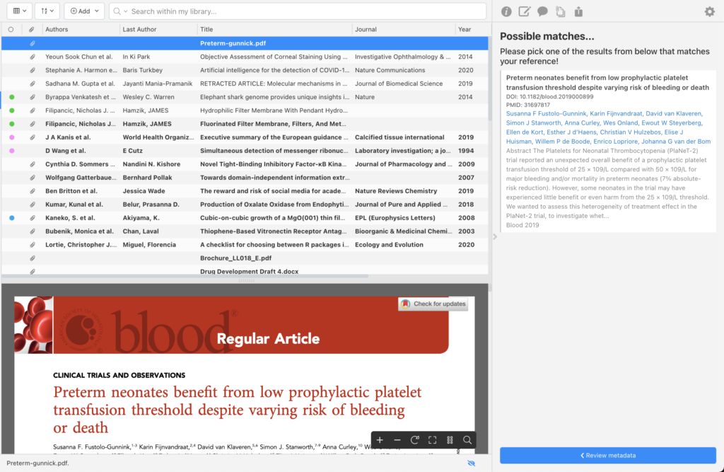 Image showing possible matches when manually matching metadata in desktop application