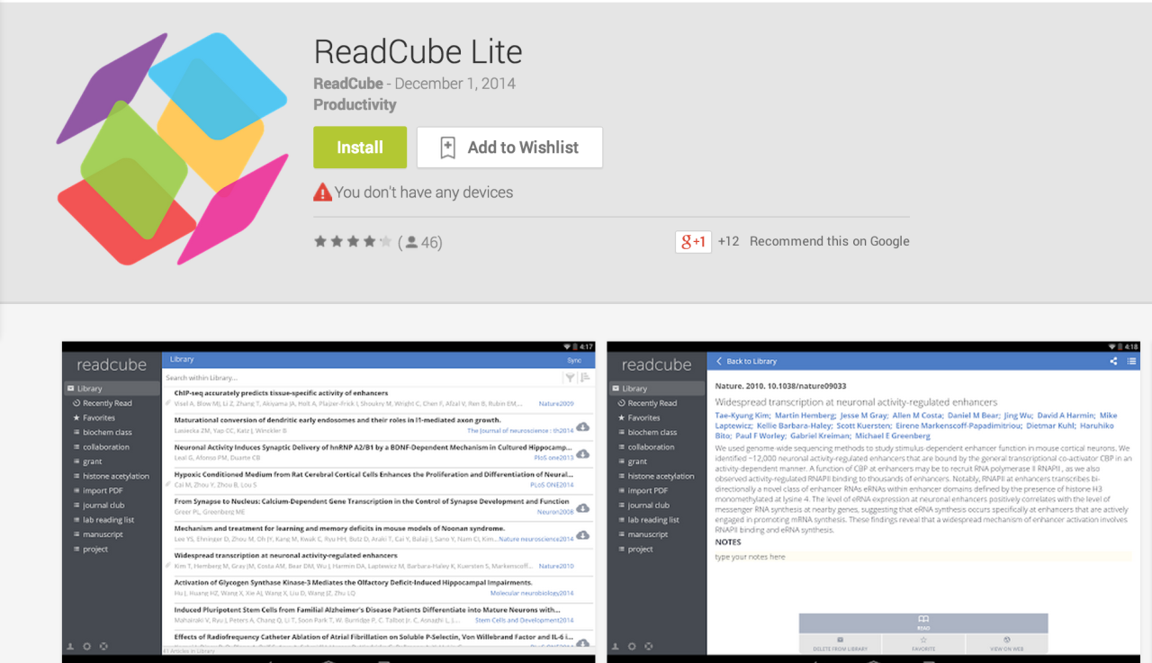 ReadCube Lite for Android now available via Google Play ReadCube Lite on your Android device is the perfect companion to the free ReadCube desktop app, enabling you to access your papers anywhere – read on the go, organize your library and more. The...